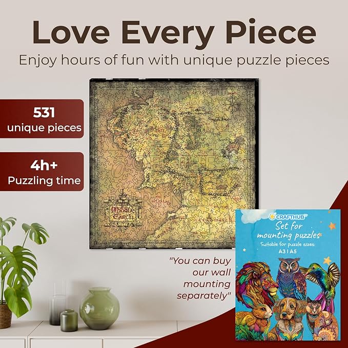 Crafthub Lord of The Rings Wooden Puzzles for Adults – A2 Size with 531 Pieces Wood Puzzles – Middle Earth Map – Jigsaw Puzzles with Unique Shapes – 15.2" x 15.4"