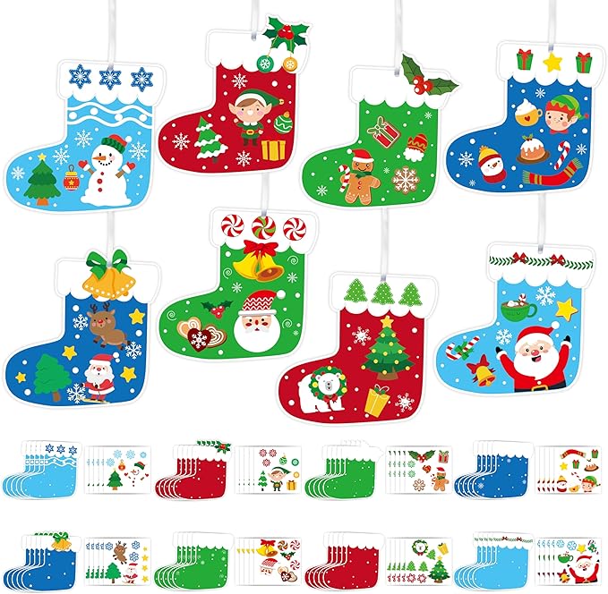 EZdhuawuse Christmas Stockings Craft Kits - 123Pcs Christmas Stocking DIY Sticker Ornaments for Kids, Make Your Own Xmas Craft Paper Stockings, DIY Xmas Ornaments Kits for Tree Wall Door Hanging