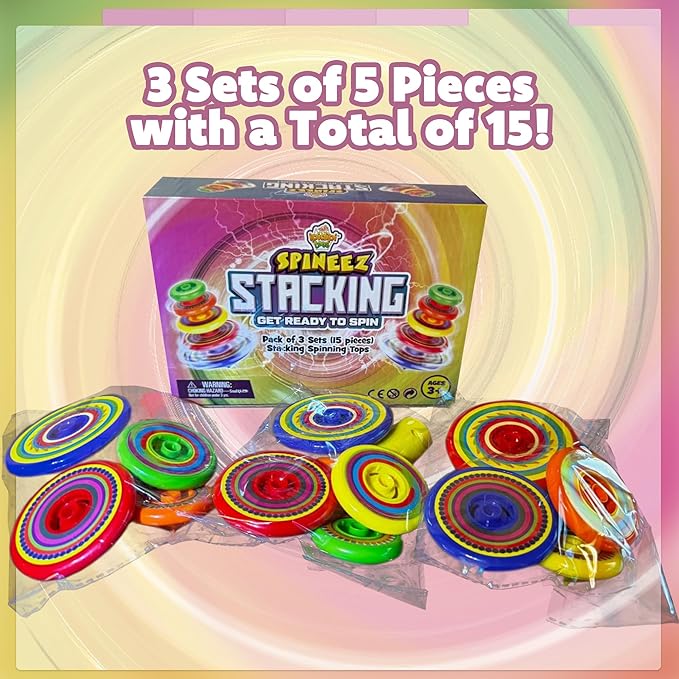 IPIDIPI TOYS Spineez Stacking Spinning Tops for Kids – Set of 3, 15-Piece UFO Spinner Toys – Ideal Birthday Party Favors, Goodie Bag Stuffers, School Prizes, Classroom Rewards for Boys & Girls