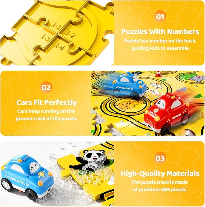 Bennol Puzzle Tracks Car Toys Gifts for 3 4 5 Year Old Boys, 48PCS Puzzle Racer Cars Play Set for Kids Ages 3-5 4-6, Toys Gifts for 3 4 5 Year Old Boys, Puzzle Racer Kids Car Track Set
