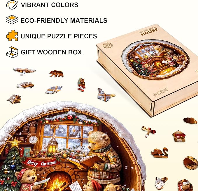 Jigfoxy Wooden Puzzles for Adults, Brown Bear House Wood Puzzles Adult, Unique Animal Shape Wooden Jigsaw Puzzles for Adults, Birthday Gifts for Puzzle Lovers, Family, Friend (M-11.4 * 11.4in-200pcs)