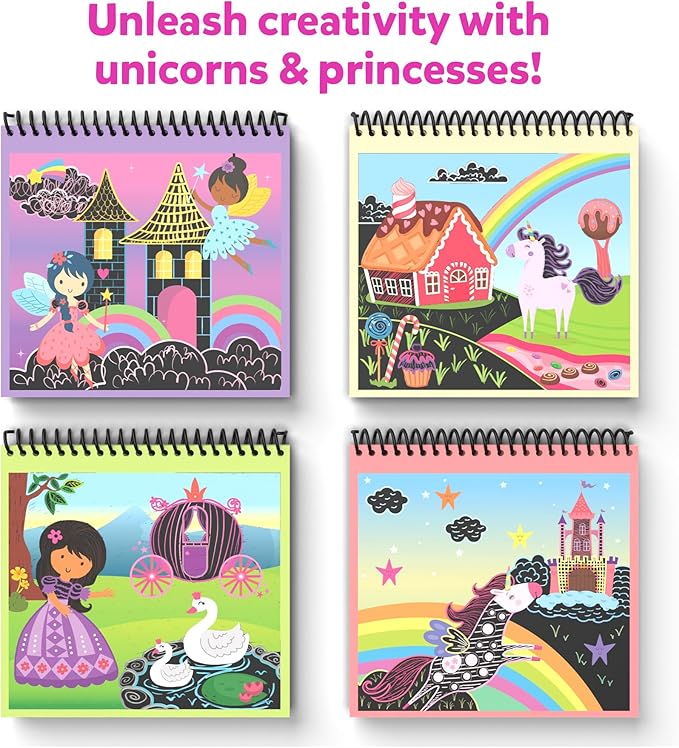 Skillmatics Scratch Art Book for Kids - Unicorns & Princesses, Craft Kits & Supplies, 30+ Scratch Stickers, Travel Toys, DIY Kit, Gifts for Girls & Boys Ages 3, 4, 5, 6, 7, 8