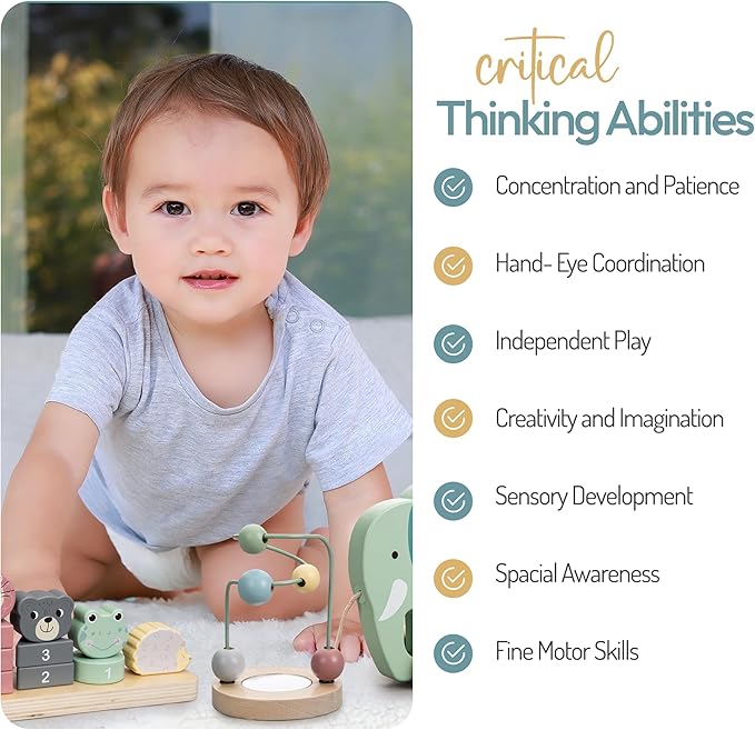 ELLIANI Montessori Toys for 1 Year Old - 3-in-1 Wooden Toy Set, Stacking Toys for Toddlers 1-3 with Bead Maze & Pull Toy, Baby Gender Neutral Gifts