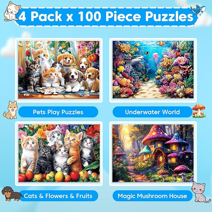 4 Packs 100 Piece Puzzles for Kids Ages 4-6 6-8 8-10, Sea World Cats&Dogs Mushroom House Educational Jigsaw Puzzles, Kids Puzzles 5-8 Gifts for Girls Boys