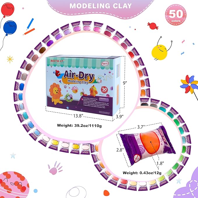 Air Dry Clay 50 Colors, Modeling Clay for Kids, DIY Model Magic Clay, Molding Clay Kit with Sculpting Tools, Non-Sticky Soft and Super Light, Arts and Crafts Gift for Boys Girls Kids