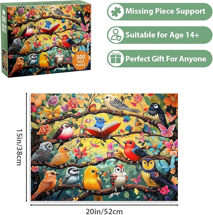 500 Piece Puzzles for Adults, Art Birds Jigsaw Puzzles for Adult 500 Pieces, Recycled Cardboar Challenge Puzzle Kids Seniors Friends for Gift Birthday Party Games Family, 20.5"x15" Dust Free Puzzle