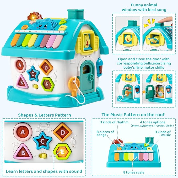 Marstone Baby Toys for 1 Year Old Boy and Girl Gifts: Toddler Toys Age 1-2, 8-in-1 Educational House with Sound Lights Music Clock Telephone and Car, Birthday Gift for Boy 12-18 Months