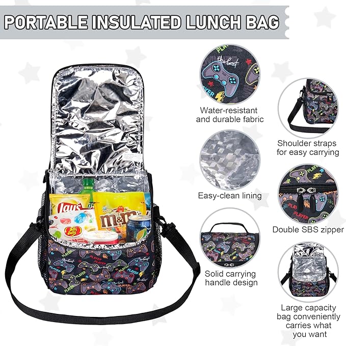 Bento Lunch Box for Kids with 17oz Soup Thermo,Insulated Tumbler Water Bottle and Insulated Lunch Bag,Leak-Proof 3 Compartment Lunch Food Container with with Ice Pack for Kids to School-Game Console