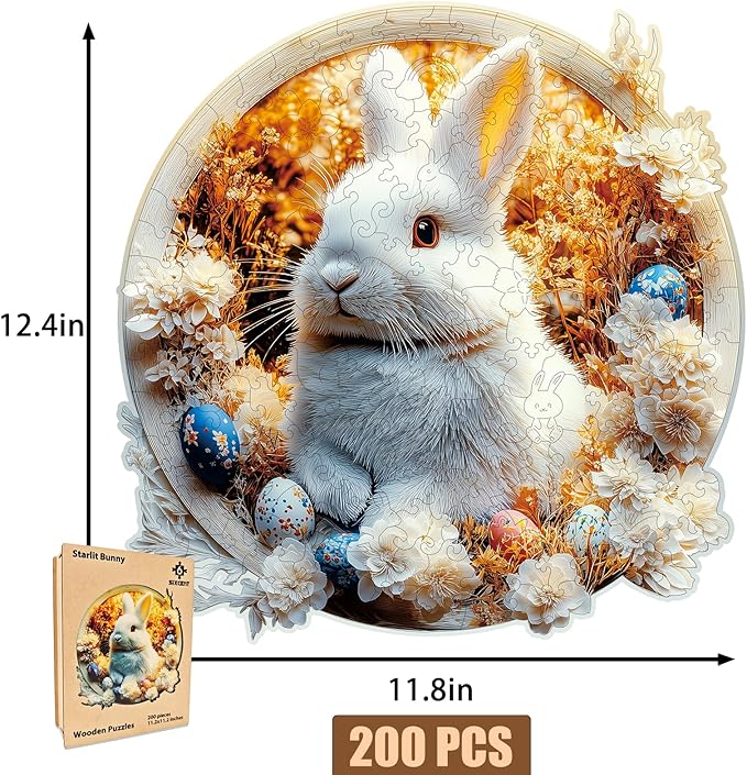 Wooden Jigsaw Puzzle, 200-500 Pieces Unique Shape Animal Puzzle, for Adults & Kids, Birthday Gift Family Game, Decorative Puzzle, Unique Gift (Starlit Bunny, 200 PCS)