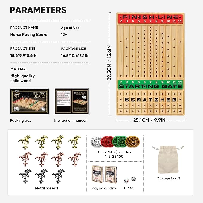 Horse Racing Game with Cards and Dice, Horse Race Board Game for Adult, Thickened Solid Wood with 11 Luxurious Durable Classic Metal Horses, 143 Chips, 2 Dice, 2 Boxes of Cards