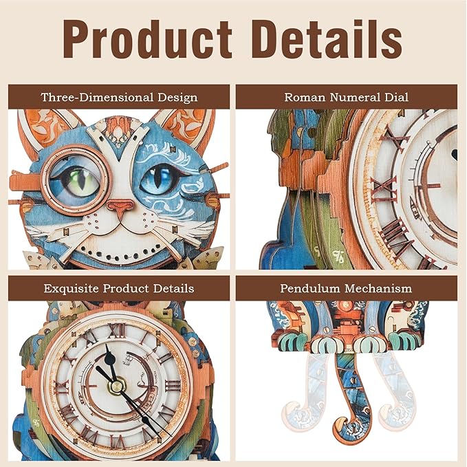 3D Wooden Puzzles for Adults Cat Clock - Model Building Kit Clock Puzzle Creative Craft Gift Home Deco for DIY Enthusiasts, Brain Teaser Building Set Birthday Gifts