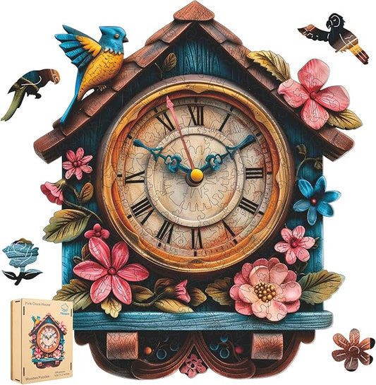 Wooden Puzzle for Adults, Pink Clock House Jigsaw Puzzles for Adult, Unique Pieces Wood Cut Puzzles, Exquisiten Box Packaging, Toys for Friends Family (S-9.8 * 11.2in-200pcs)