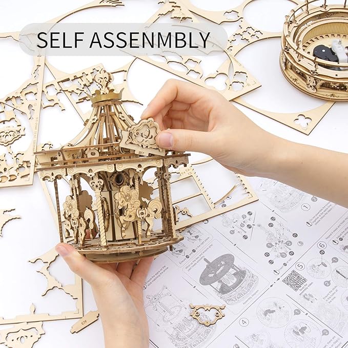 ROKR 3D Wooden Puzzle Carousel Model Building Kits Rotating 5-Horses Music Box Christmas Birthday Gift for Adults&Teens