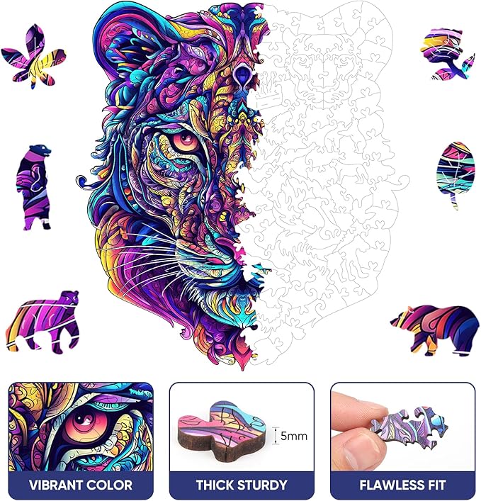 Ruikiyart Wooden Puzzles for Adults, 5MM 500 Pieces Tiger Wooden Jigsaw Puzzles, Mandala Animal Puzzle Unique Shapes Gift for Kids and Adults on Birthday,Thanksgiving,Christmas (15.1"x16.7")