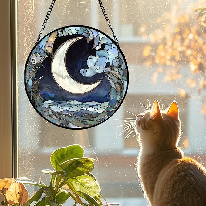 Stained Glass Window Hanging - Abstract Sea of Clouds Moon Sun Catcher for Door Terrace Garden Home Decor, Gray Blue Suncatcher Birthday Gifts for Lovers Women Men Dad Mom Nana 9.8 in
