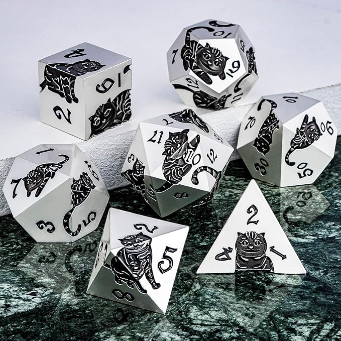 Metal DND Cat Dice 7PCS Polyhedral RPG Dice Set with Gift Case for Dungeons Dragons Role Playing Game, D and D Dice D6 D8 D10 D12 D20 D% (Silver Black)