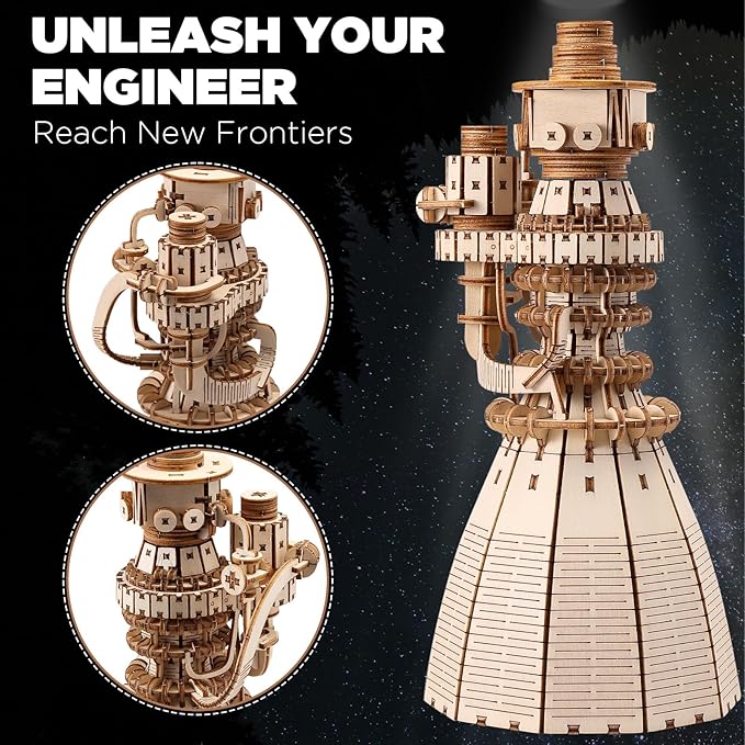 SainSmart Jr. SpaceX Starship Raptor 3 Engine 3D Wooden Puzzles for Adults - Challenging DIY Rocket Engine Model Kit, STEM Educational Toy, Unique Office Desk Decor & Gift for Space Lovers