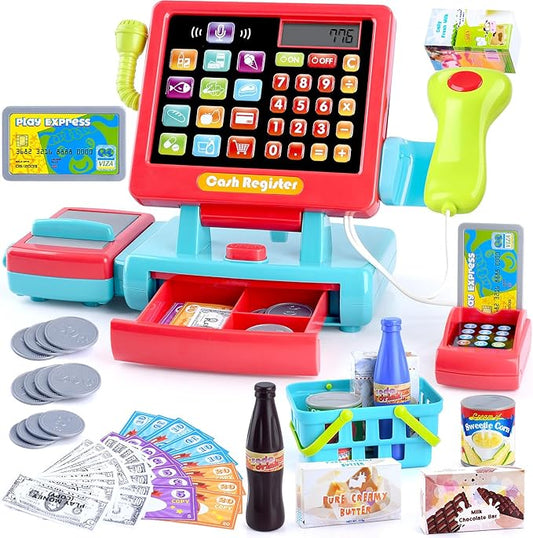 PLAY Kids Cash Register Toy Supermarket with Register Pretend Play Calculator Register Toys with Scanner/Microphone/Credit Card/Conveyors/Cans/Drink/Play Money, Cash Register for Kids Ages 3+