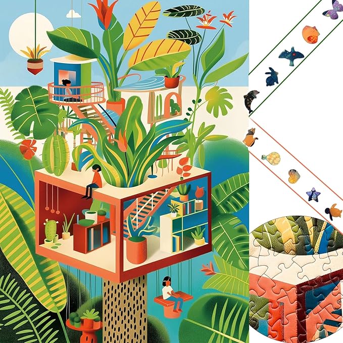 Shapes Jigsaw Green Tree House Puzzles for Adults 1000 Pieces, Unique Shaped Hard Puzzle with Color on Back, Plants Puzzle for Game Night Family Friend, 19.2 x 26.6 Modern Nordicism Art