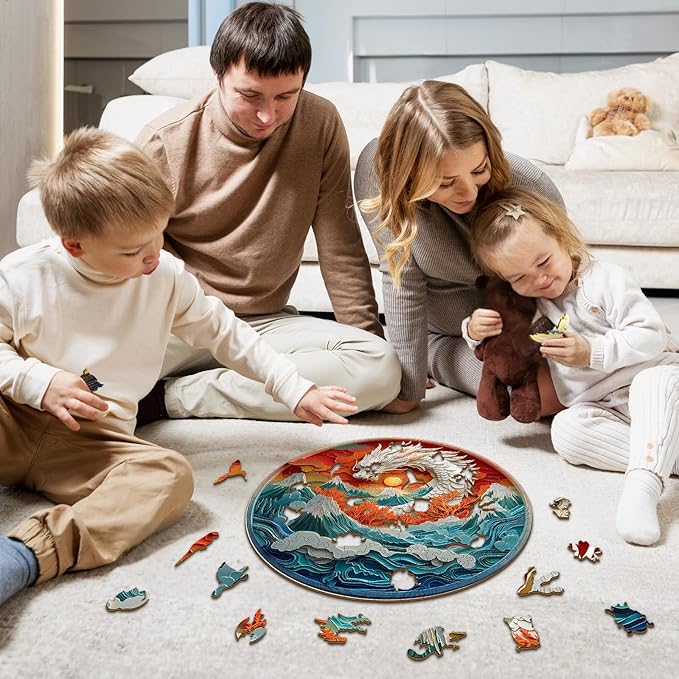 Wooden Jigsaw Puzzles, Colorful Dragon Wooden Puzzles for Adults with Unique Shape, Adult Jigsaw Puzzle, Birthday Gifts for Adults, 13.4"x13.4"-300pcs