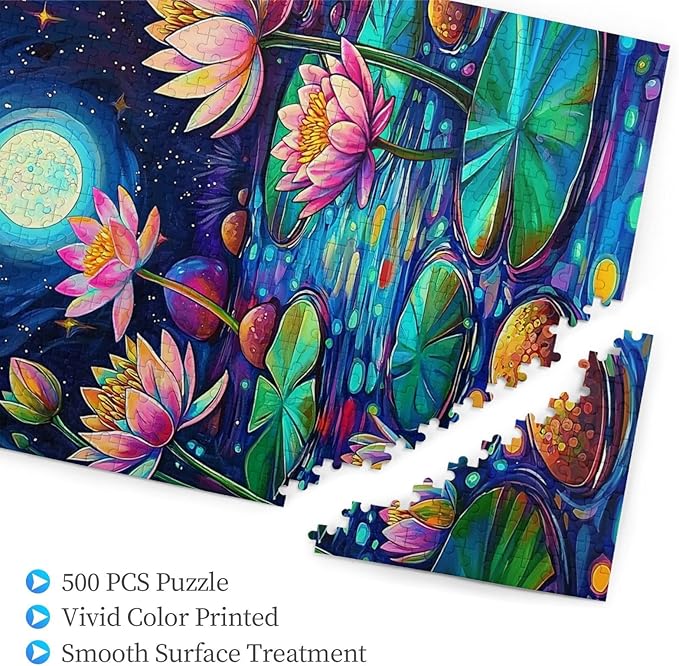 Waterlilies by Moonlight 500 Piece Jigsaw Puzzle for Adults Waterlilies by Starry Night 500 Piece Jigsaw Puzzle Waterlily 500 Pieces Stained Glass Puzzle Stained Glass Puzzle with Flowers
