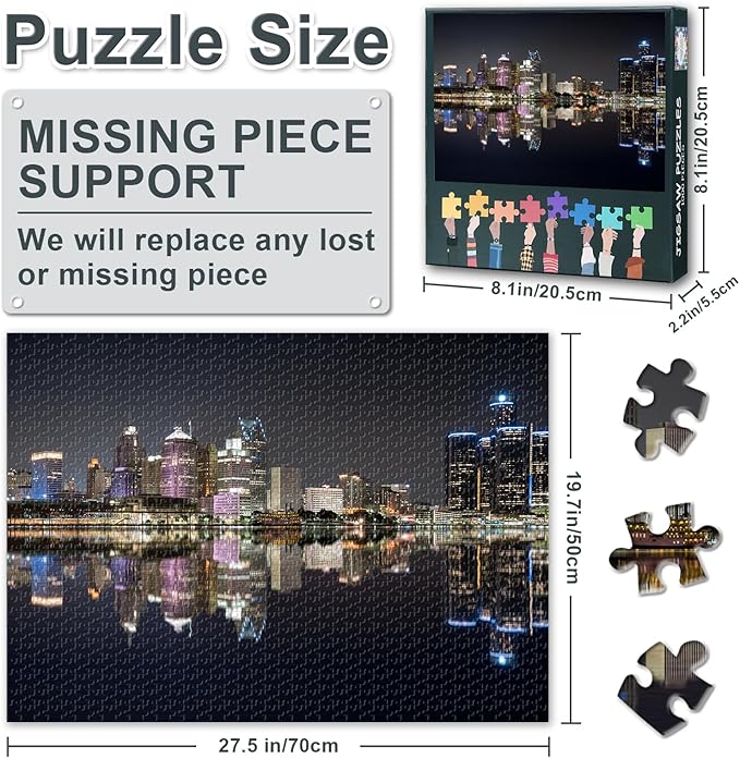Puzzles for Adults Detroit Skyline - Jigsaw Puzzles 1000 Pieces for Adults, 27.5x19.7 Inch Cityscape Skyscrapers Night Scene Art Difficult and Challenge Puzzle Game for Living Room Wall Decor