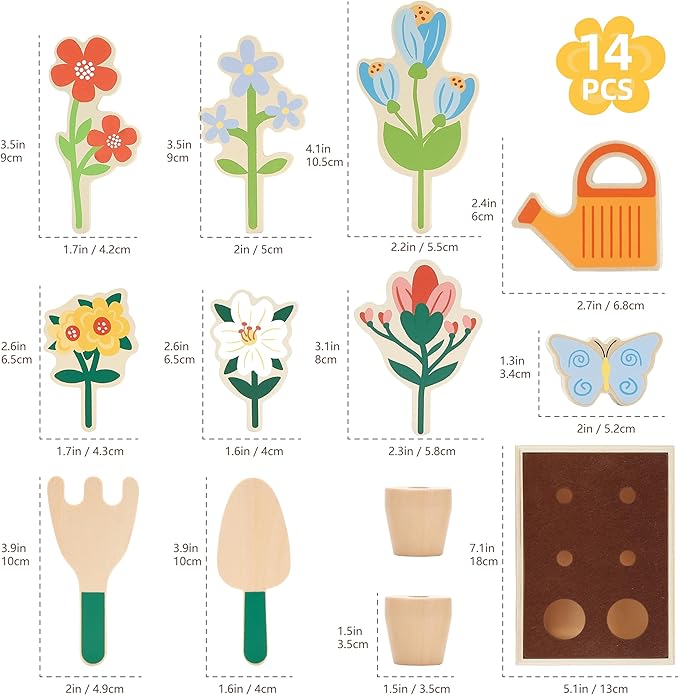 Wooden Toy Flower Garden Set Natural Gardening Toy Playset for Toddlers Pretend Play Blossom Flowerpot Educational Learning Toy for Girls Boys 3 Years and Up