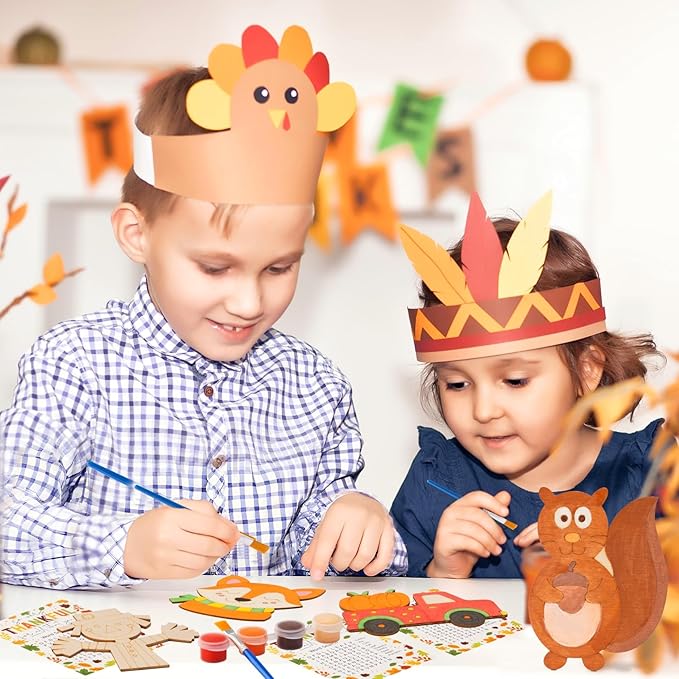 Fall Thanksgiving Crafts for Kids - 24 PCS DIY Wood Magnet Painting Kit with Cards - Thanksgiving Classroom Activities, Autumn Holiday Decorations, Fall Goodie Bag Favors for Boys & Girls