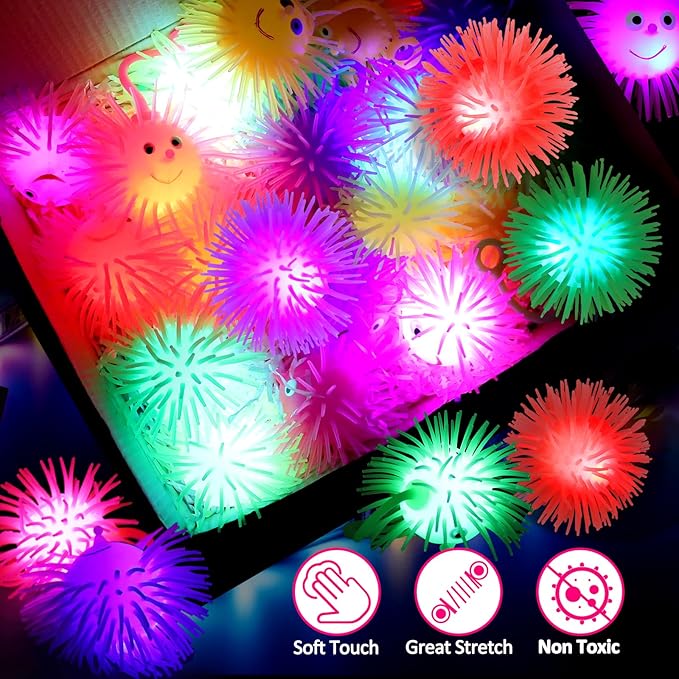 24 PCS LED Puffer Balls Light Up Party Favors for Kids 4-8 8-12 Bulk Sensory Bouncy Ball Goodie Bags Stuffers Prizes Kids Pinata Fillers Glow in The Dark Party Supplies Toddler Fidget Toy Stress Balls
