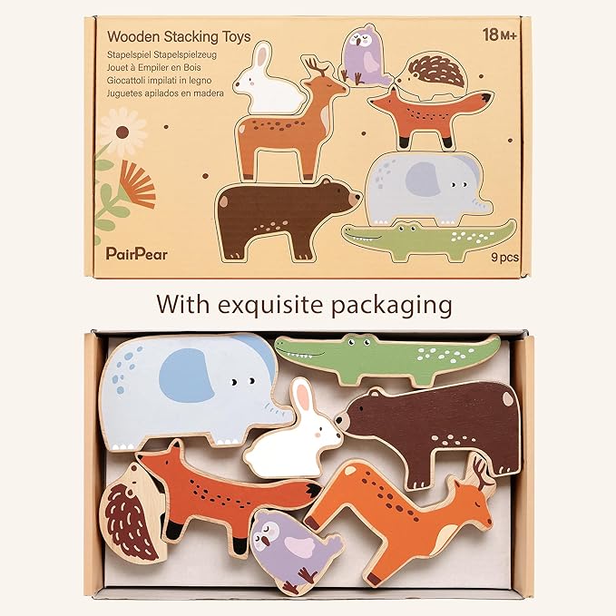 PairPear Large Wooden Animal Stacking Blocks for Toddlers, Montessori Toys Building Stacking Toys & Bag, Educational Balancing Activity Toy for Kids Toys Age 18 Months+