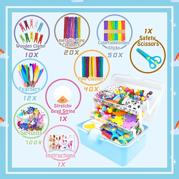 3000Pcs Arts and Crafts Supplies for Kids Craft Kits with Pipe Cleaners Crafting Supply All in 3 Layered Craft Box DIY Crafts for Kids Ages 4-8 8-12 Homeschool Supplies Toys Gifts for Girls & Boys