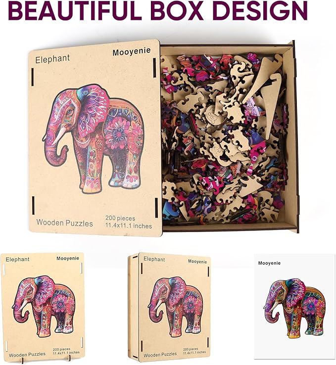 Wooden Jigsaw Puzzle, 200 Pcs Unique 3D Shape Jigsaw Puzzles, Wood Puzzle Gift Box Packing, Medium Size Letter, Creative Gift for Adults and Kids, Fun Challenging (200PCS, Elephant)