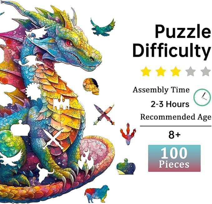 Jigfoxy Wooden Puzzles for Adults, Dragon Wood Puzzles Adult, Unique Animal Shape Wooden Jigsaw Puzzles for Adults, Birthday Gifts for Puzzle Lovers, Family, Friend (S-9.8 * 8.5in-100pcs)