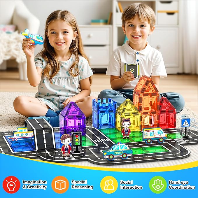 Magnetic Tiles City Road Set with Magnet Car, Magnetic Blocks Building Toys for Kids, STEM Construction Toys for Toddlers, Gifts for 3+ Year Old Boys & Girls