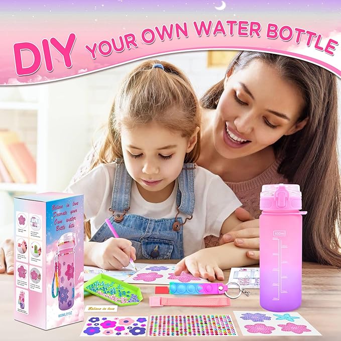 ASIOWELY Decorate Your Own Water Bottle Kits for Girls Age 4-12, Flower Diamond Painting Art and Crafts Gift for Boys Age 4-6-8-10, Fun Gifts Toys for School Birthday Christmas