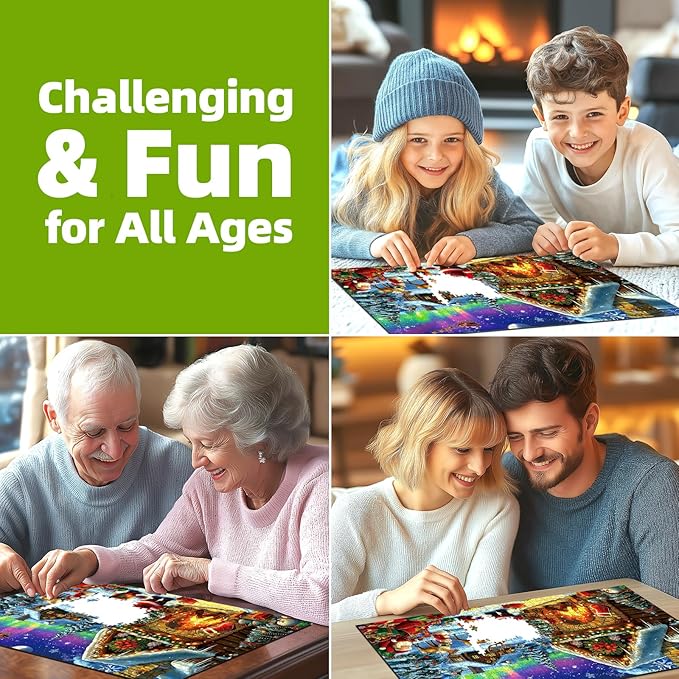 Christmas 500 Piece Jigsaw Puzzles for Adults Northern Lights Cabin Puzzle Santa Reindeer Scene Winter Holiday Landscape Puzzle with Letters on Back Art Fun Festive Gift for Family Seniors (23x15in)