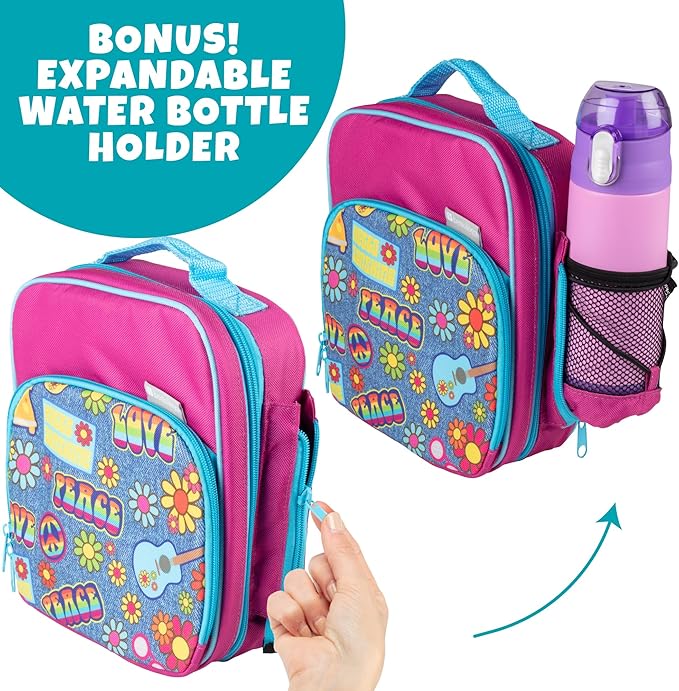 Kids Insulated Lunch Box w Snack Pocket & Expandable Water Bottle Holder For Girls- Waterproof Lunchbox Tote Keeps Food Hotter or Colder Longer - Reusable Back to School Bag Fits Most Bento Containers