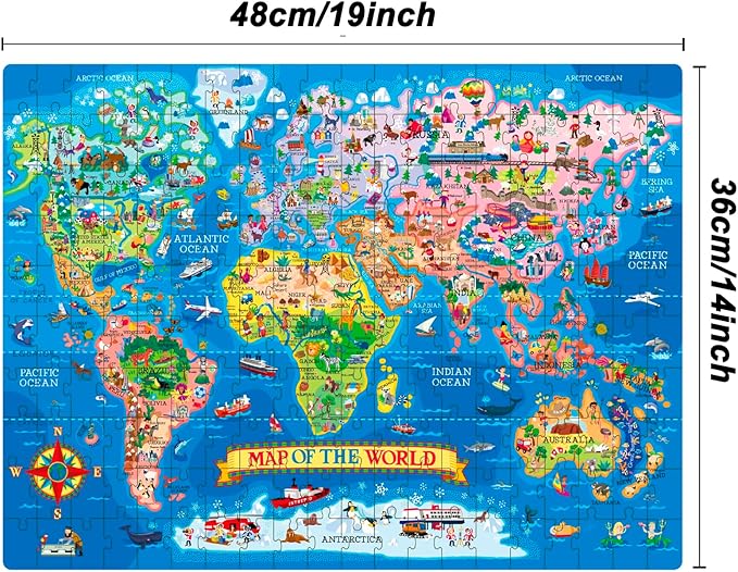 200 Pieces World Map Jigsaw Puzzle for Kids Ages 4-8, Environmental Recyclable Cardboard, Portable, Hand-Eye Coordination, Spark Educational Conversations