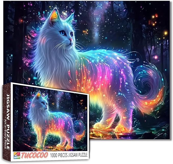 1000 Piece Jigsaw Puzzle-Shiny White Cat Puzzles 1000 Pieces for Adults,Huge Glowing Cat Colorful Light Spots Puzzles for Adults 1000 Pieces Dreamy Animal Puzzles Beautiful Wall Decor
