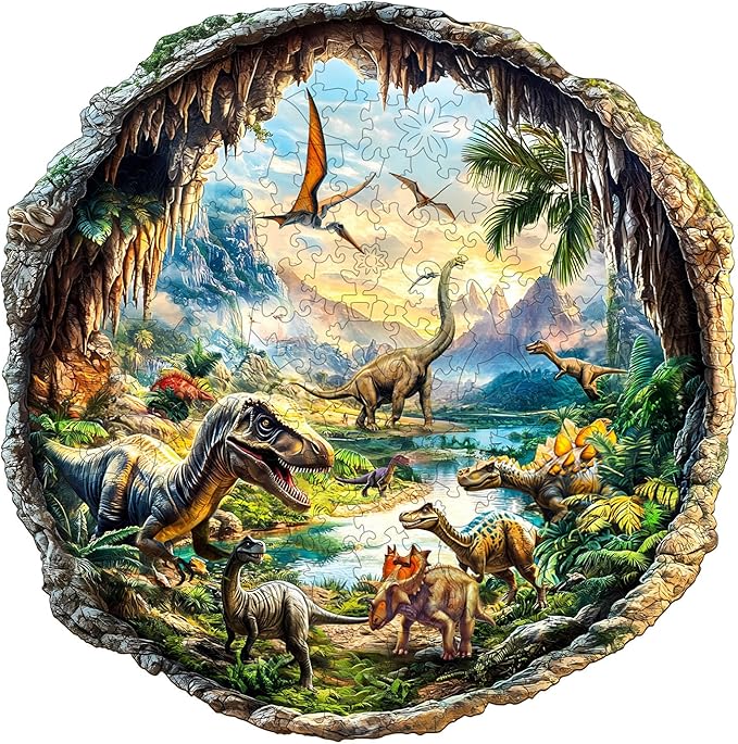 KAAYEE Wooden Puzzles for Adults, 3D Visual Effect 3D Cave Dinosaur Wooden Jigsaw Puzzle Unique Shape Wood Puzzle Adult, 3D Effect Flat Puzzle Birthday Family Games (M-11.4 * 11.3in-200pcs)