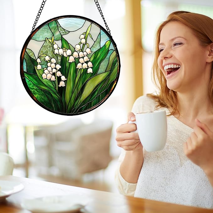Stained Glass Window Hanging - White Green Lily of The Valley Suncatcher for Doors Garden Terrace Plant Sun Catchers Decor Mother's Day Birthday Flowers Gifts for Women Men Mom 11.8 in