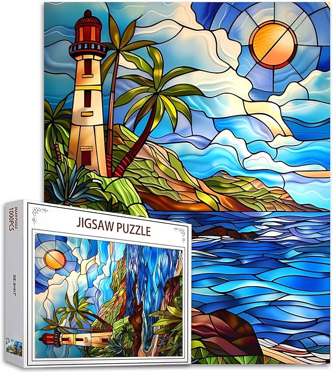 Jigsaw Puzzles 1000 Pieces for Adults-Lighthouse Glass Style Seaside Puzzle-Challenging Puzzle Perfect for Game Nights-DIY Home Wall Decor-Art Puzzles Colorful Stained Glass Lighthouse 27" x 20"