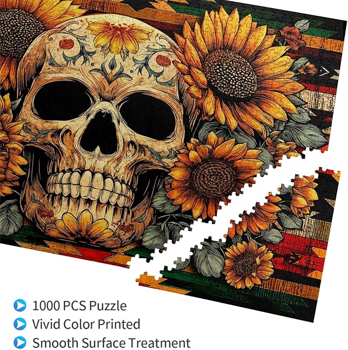 Horror Skull Halloween Puzzles for Adults 500 Piece Colorful Sunflower Skeleton Jigsaw Puzzle Gothic Holiday Party Gifts Puzzle Home Decor