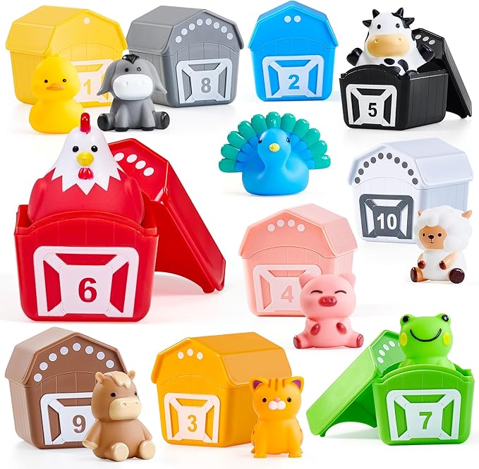 JoyCat Learning Toys for 1,2,3 Year Old Toddlers, 20Pcs Farm Animals Box, Finger Puppets for Kid, Montessori Counting, Matching & Sorting Fine Motor Games, Christmas Birthday Gift for Baby Boys Girls