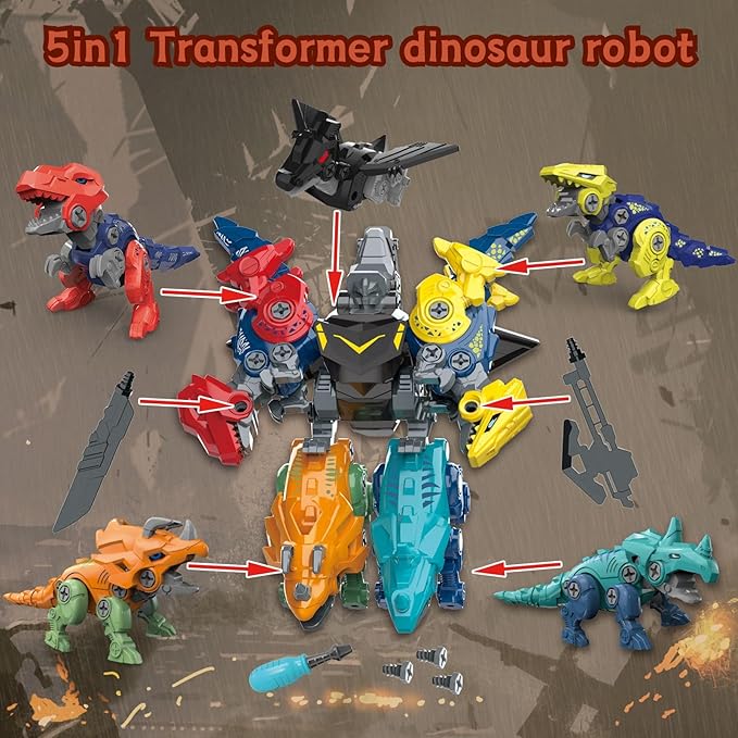 Dinosaur Transform Robot 5 in 1 Take Apart Toys Set for boy Kid Age 3 4 5 6 7 8 Years Old Construction Building DIY with Drill Tool Kit Best Gift for Birthday Christmas Easter