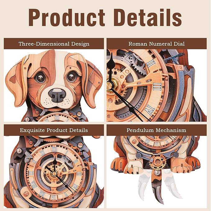 Kosmickiss 3D Wooden Puzzles for Adults, Beagle Mechanical Model Kits, DIY Wall Clock Puzzle, Home Decor Creative Gifts for Men and Women, Pendulum Wood Craft, Gifts for Dog Lovers