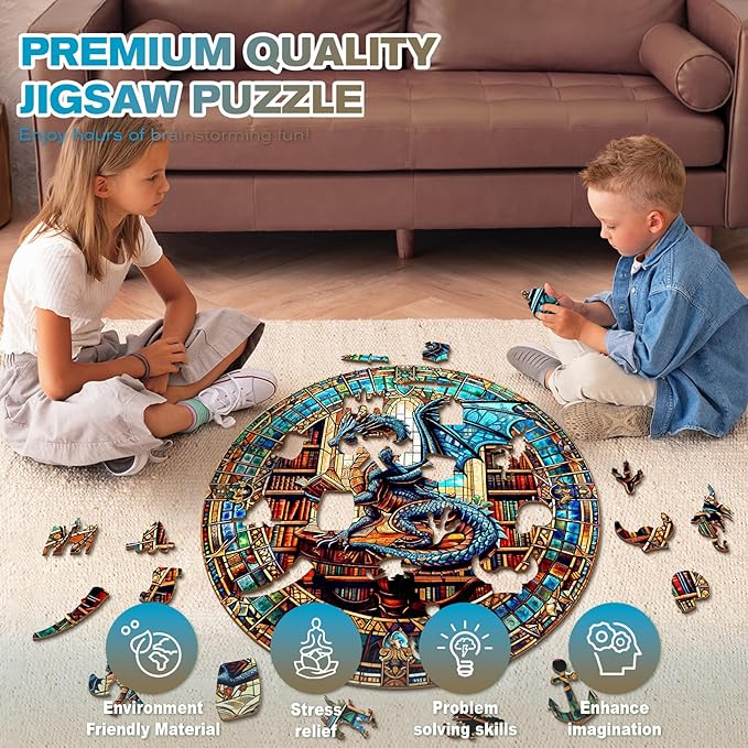 Wooden Puzzles for Adults - The Dragon's Library Wooden Jigsaw Puzzle, Unique Animal Shaped Wood Puzzles Adult, Christmas Birthday Gifts for Friends/Family, Home Decor 11.4 * 11.4in 200pcs