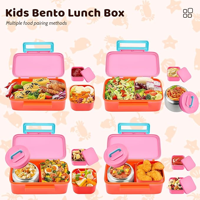 Lunch Box for Kids With 8oz Soup Thermo, Leak-proof Lunch Container with 2 Compartments, Thermo Food Jar Food Containers for Back to School Girls Boys (Pink)