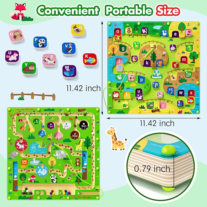 2 in 1 Magnetic Color and Number Maze Magnet Alphabet Counting Double Sided Board Wood Puzzle Fine Motor Skills Montessori Preschool Toys Gifts for Boys and Girls 3-5 Age (Big Zoo, One Size)