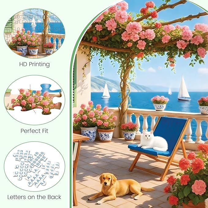 500 Piece Puzzles for Adults, Cozy Seaside Terrace Scene Jigsaw Puzzles with Dog and Cat, Relaxing 500 Piece Puzzle, Perfect for Family Time, Wall Decor, Gift for Adults, Kids, Seniors, 20.5 x 15 in